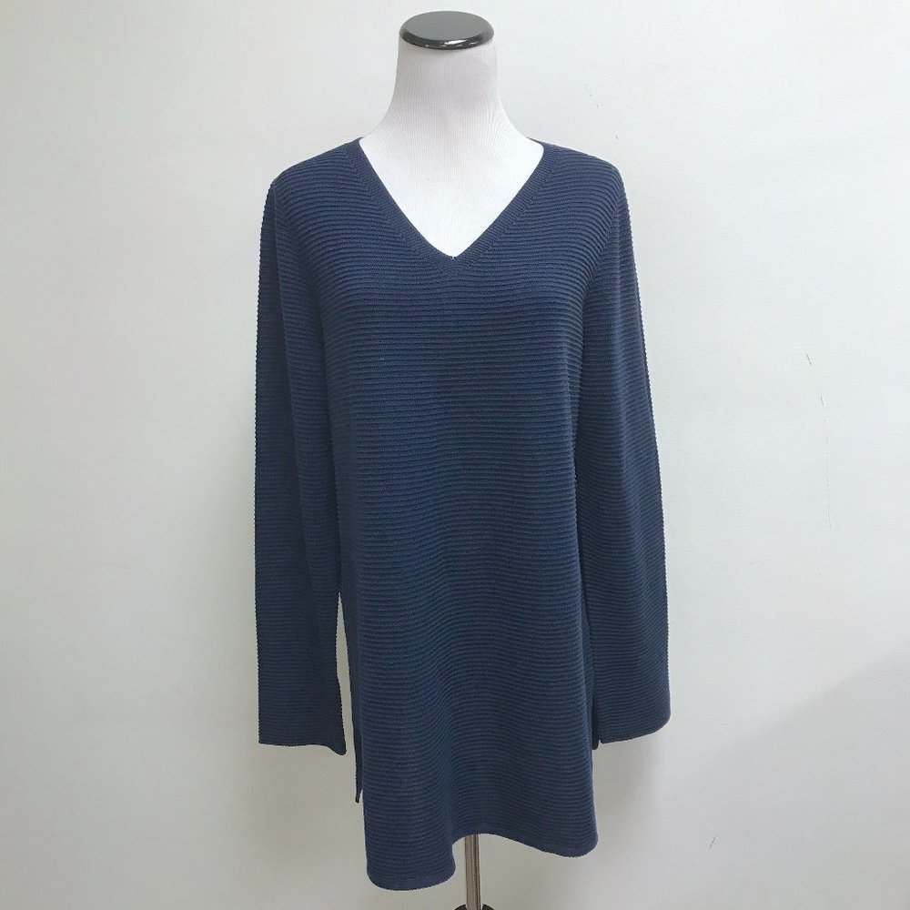 Eileen Fisher navy blue v neck ribbed tunic sweater top M
